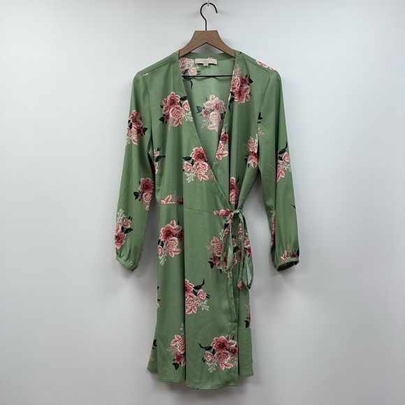 Ann Taylor LOFT Floral Wrap Surplice V-Neck Long Sleeve Mini Dress Green 12 - Picture 2 of 10